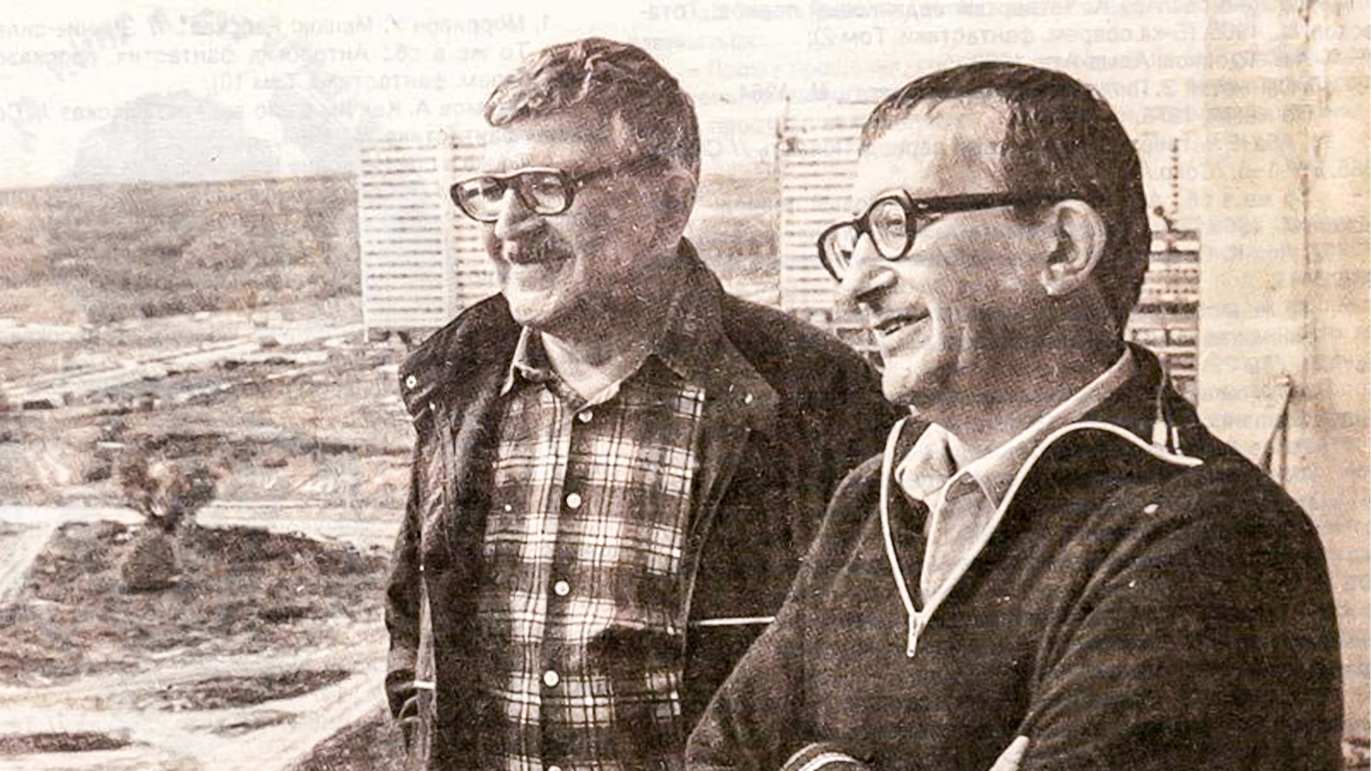 Arkady and Boris Strugatsky. Illustration in the magazine «Izmerenie F», Leningrad, 1990