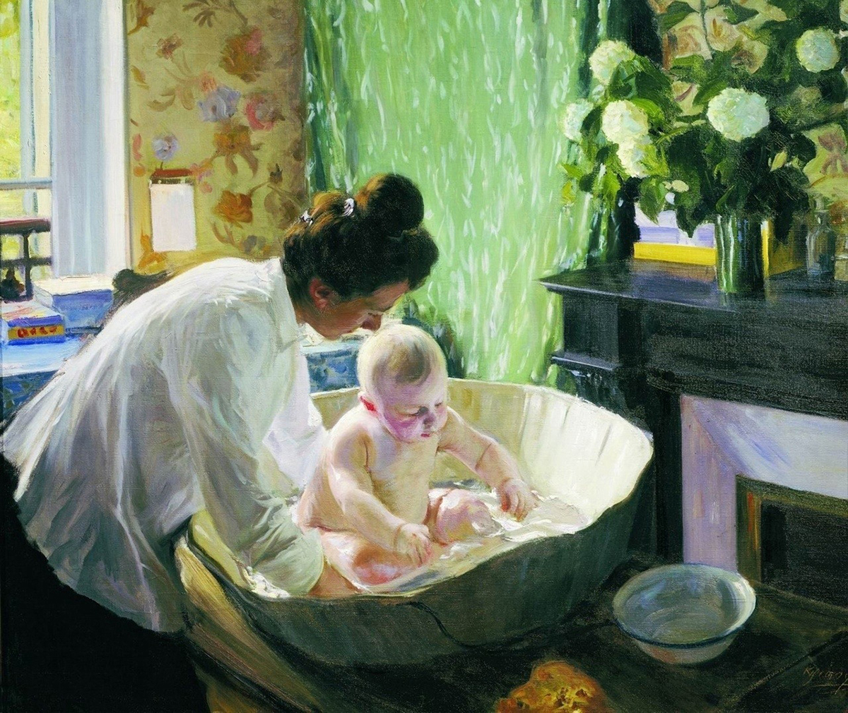 Boris Kustodiev «Bathing a Child (Morning)». 1910 - State Russian Museum
