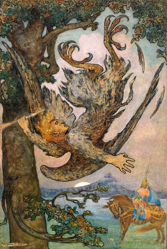The Nightingale the Robber fell from its nest in the old oak tree. Illustrator Frank C Pape/Public domain